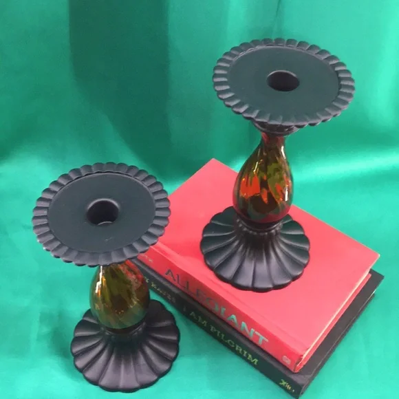 PARTYLITE Global Fusion Taper/Pillar Holder Amber Glass/Black Metal—P8722–(Pair) - Picture 3 of 11